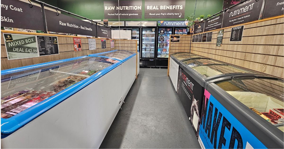 Raw dog food freezers stocked with brands like Nutriment, Naturaw and Wilder at K9 Active in Dunfermline
